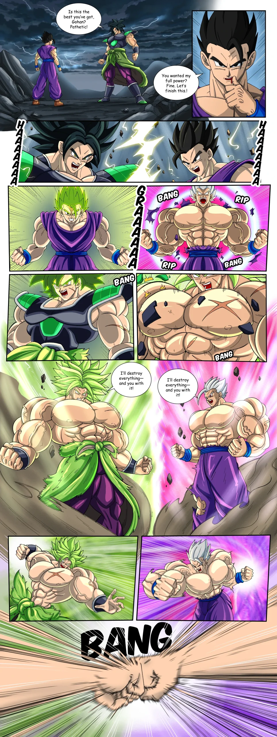 Gohan and Broly facing each other with massive muscle growth in fan art by Thor.
